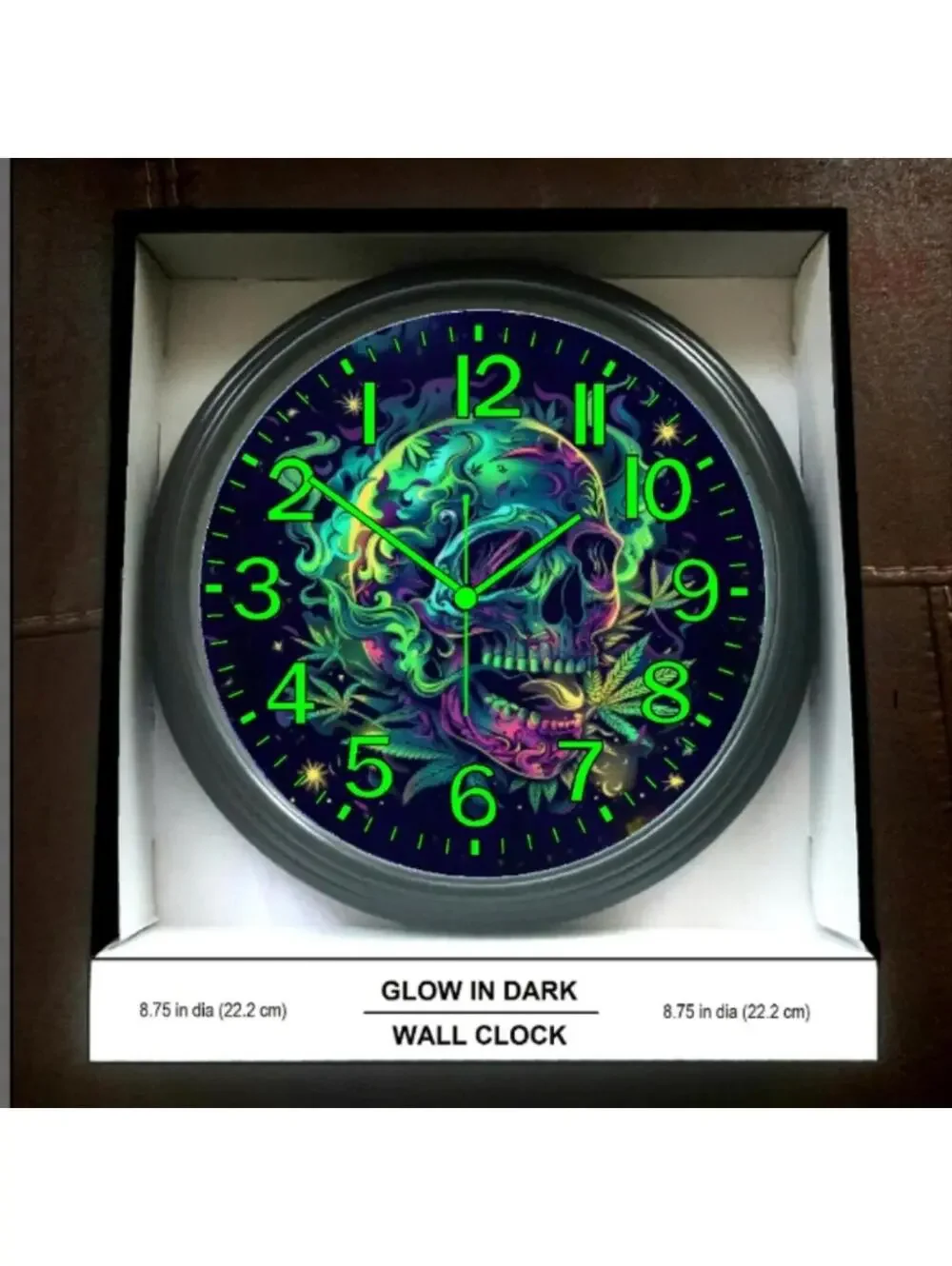REVERSE TICKING CLOCK SKULL GOOD LEAF Black Light Glow In The Dark Wall Clock Ne